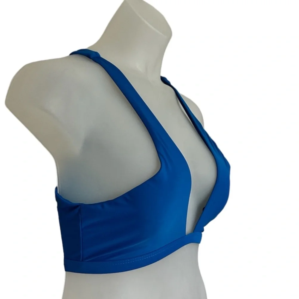 SHEIN plunging blue bikini top fixed straps hook back closure cobalt blue size S